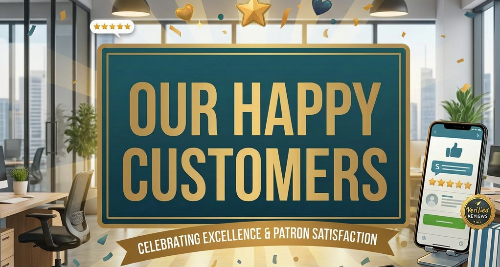 Happy diverse customers smiling and celebrating with shopping bags and positive reviews